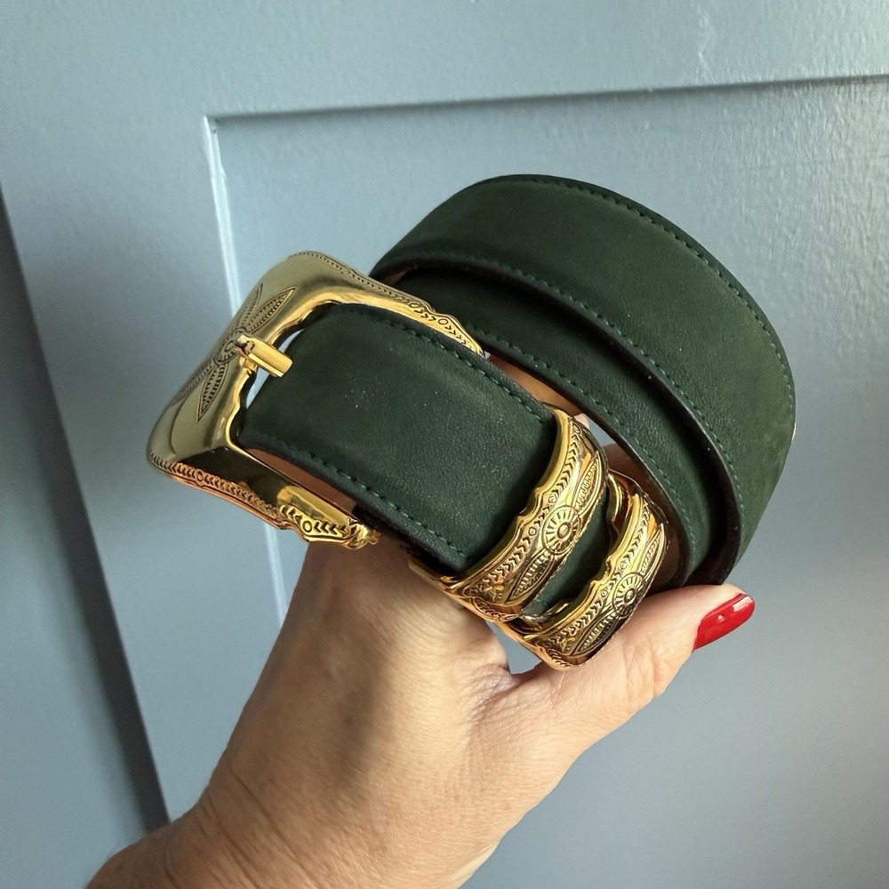 Vintage Guy Montague Women's Leather Belt M/L Hunter Green Gold Western USA 31"